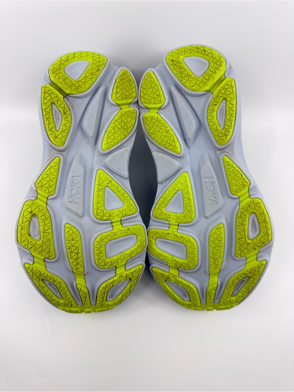 Hoka Women's Bondi 8 Shadow/Dusk blue colorway with pink and lime green details. - Picture 9 of 9